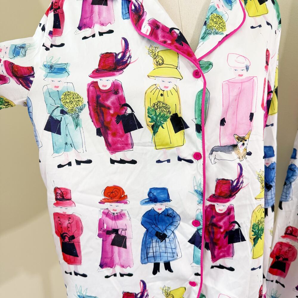 SheShow Multicolor Queen Elizabeth Silky Pajama Set Women's Sz Medium Button Up - Picture 3 of 10